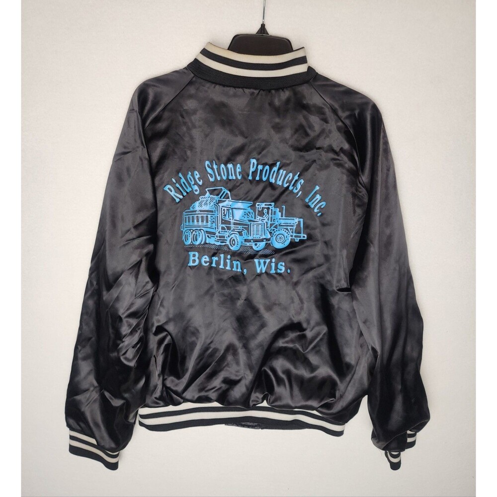 Vintage 80s Ridge Stone Products Inc. Berlin, WI Satin Bomber Jacket Size XL
